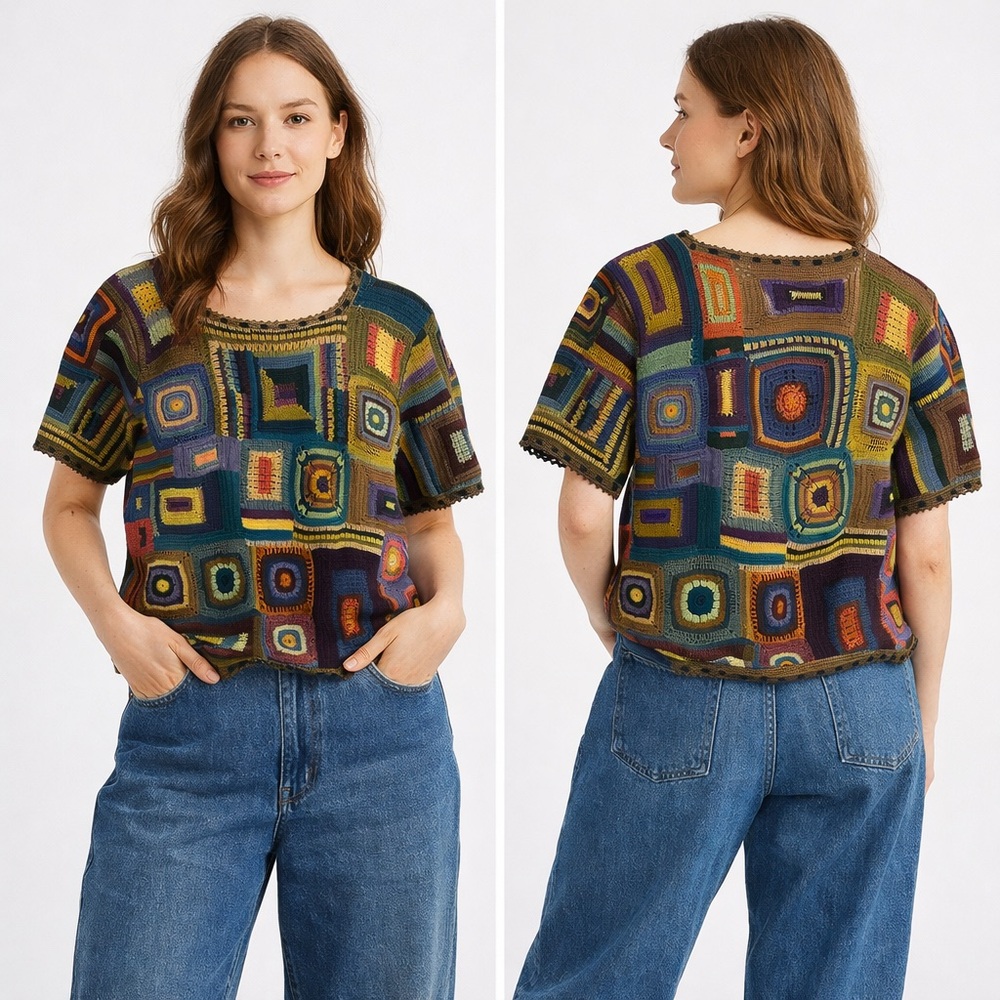 Vintage Peruvian Connection Granny Square Crochet Top 100% Pima Cotton